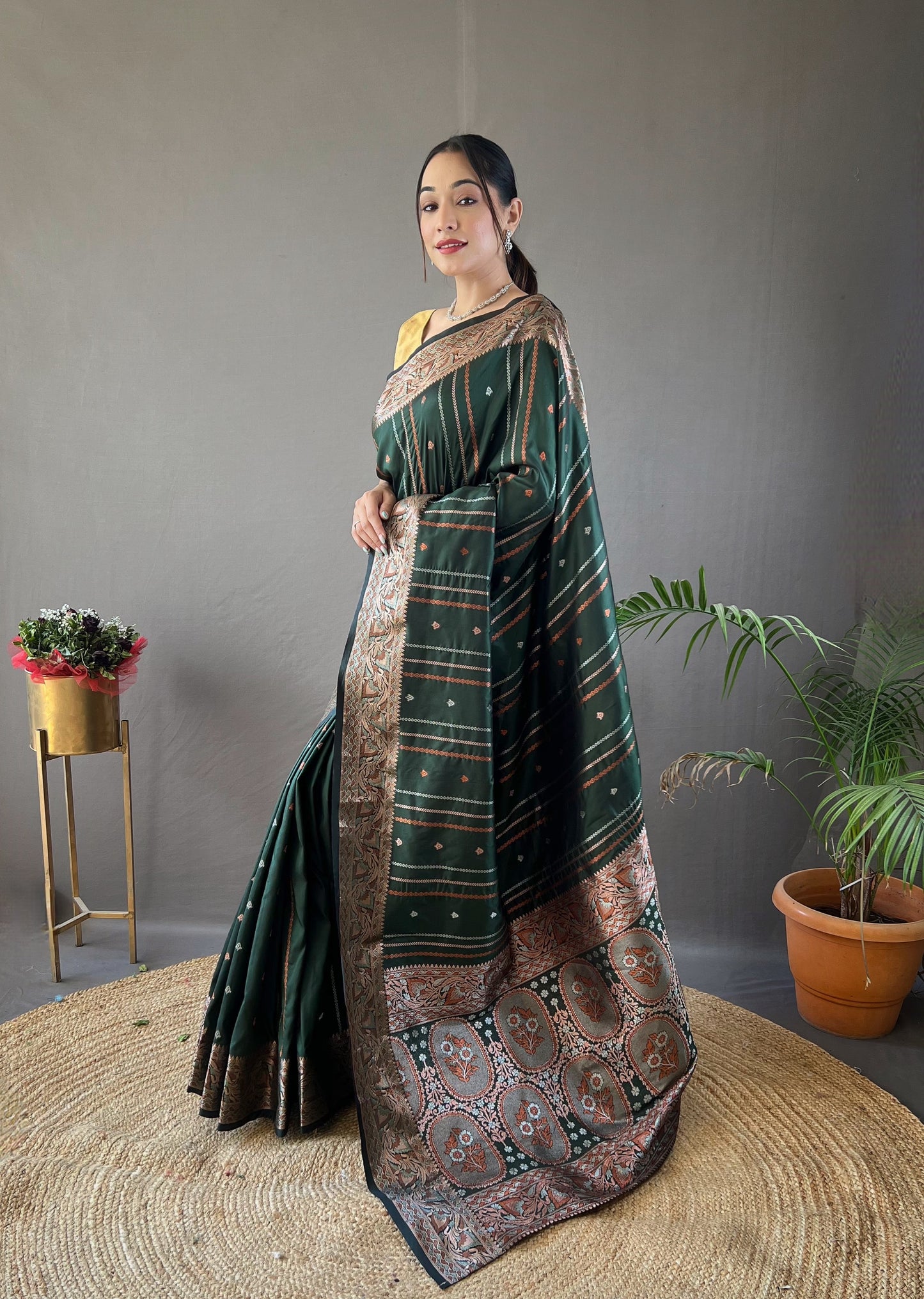 GREEN  SILK SAREES WITH SILVER , COPPER AND ANTIQUE WEAVING USED.