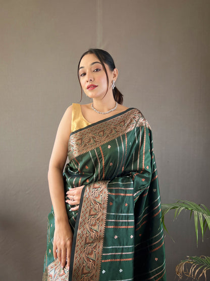 GREEN  SILK SAREES WITH SILVER , COPPER AND ANTIQUE WEAVING USED.