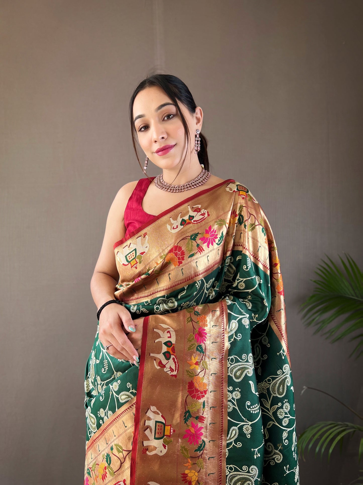 Green Beautiful Lucknowi Concept weaving saree