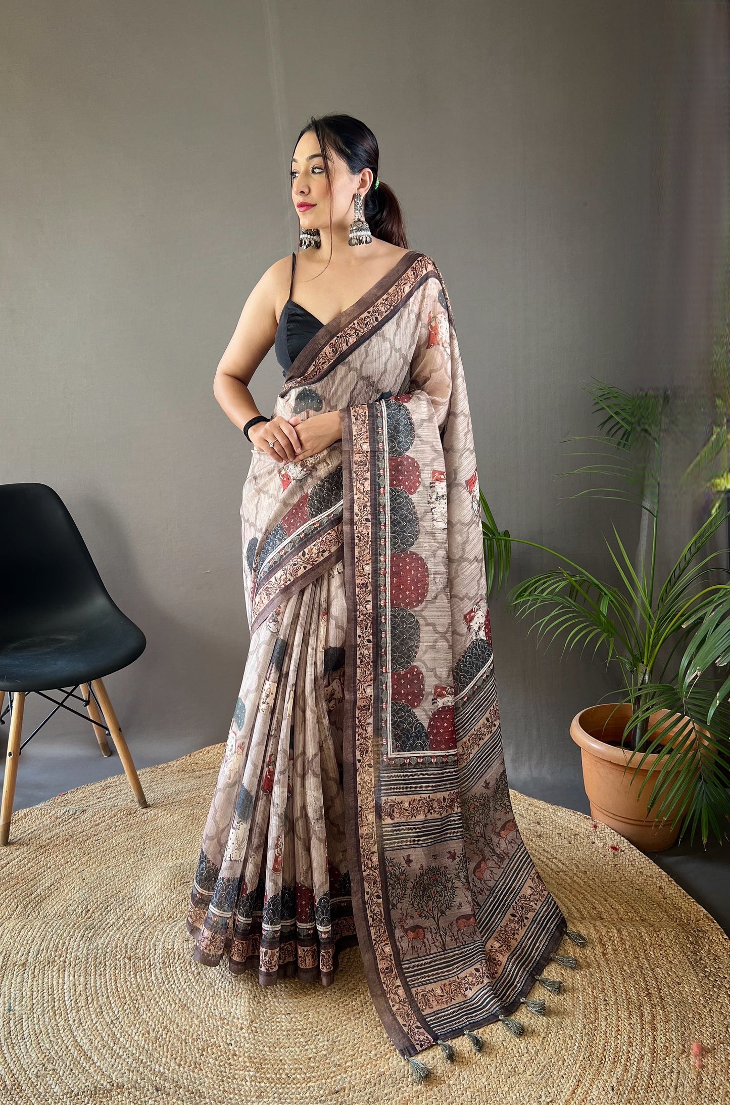 Grey Pure soft cotton tussar silk saree