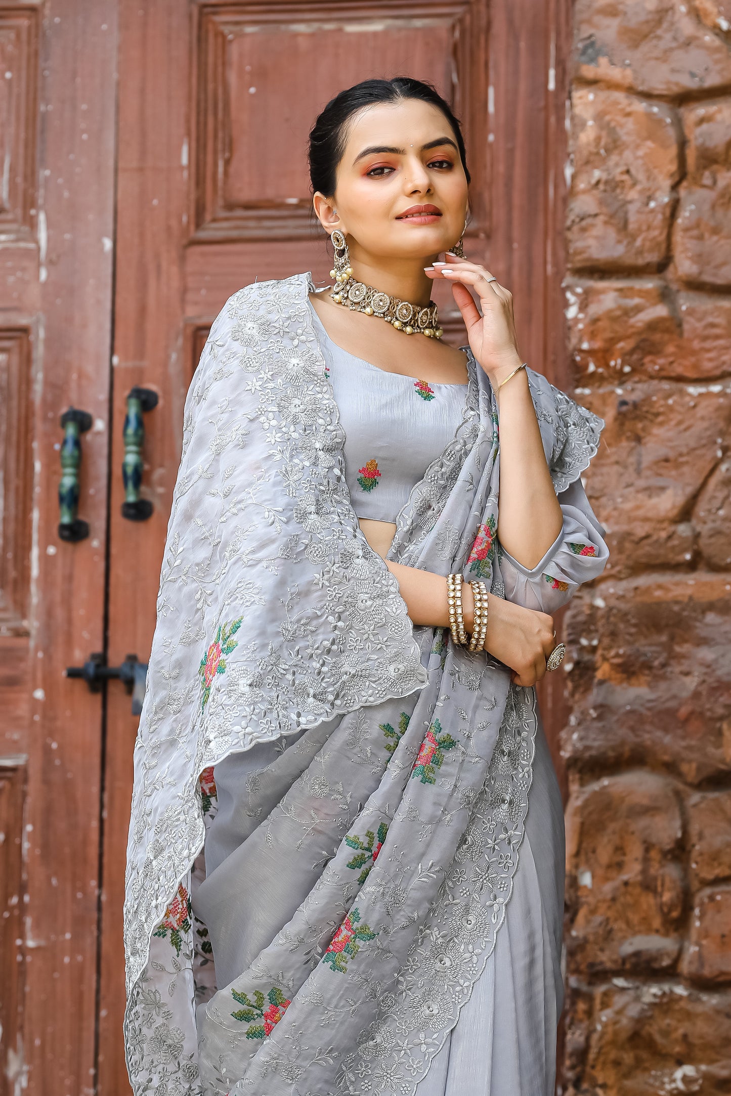 Grey Pure shiny zari chiffon saree