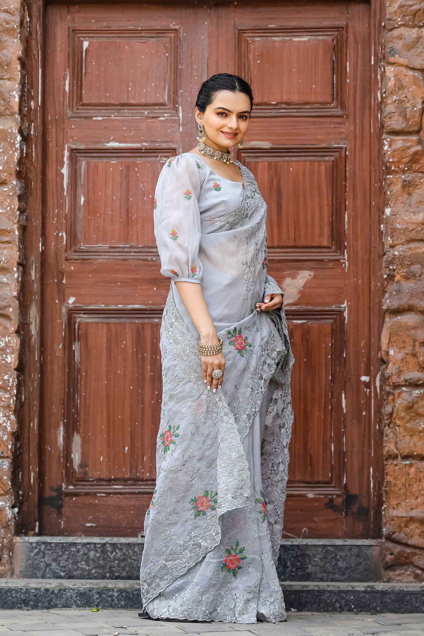 Grey Pure shiny zari chiffon saree