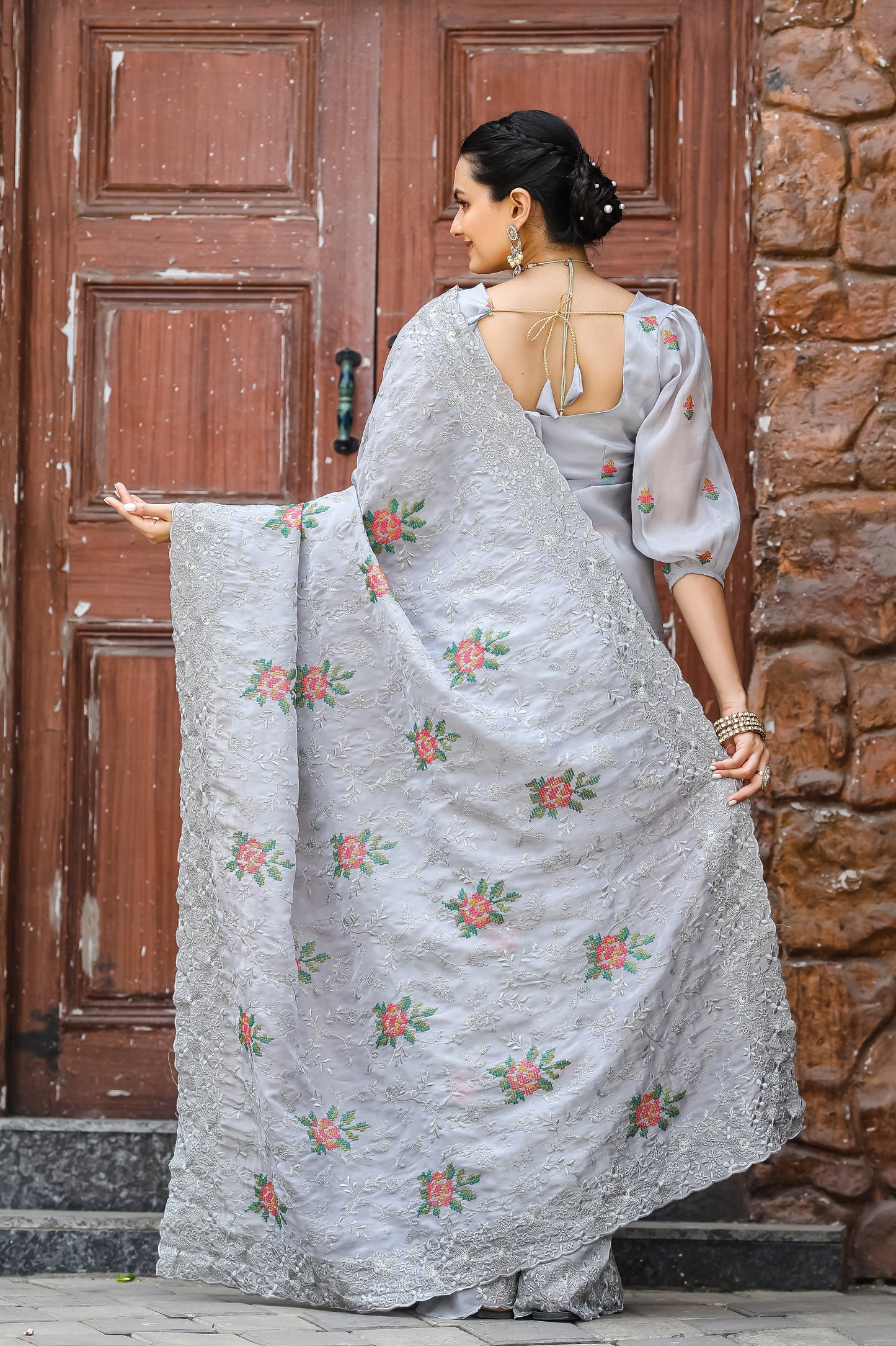 Grey Pure shiny zari chiffon saree