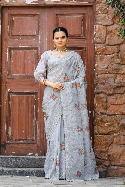 Grey Pure shiny zari chiffon saree