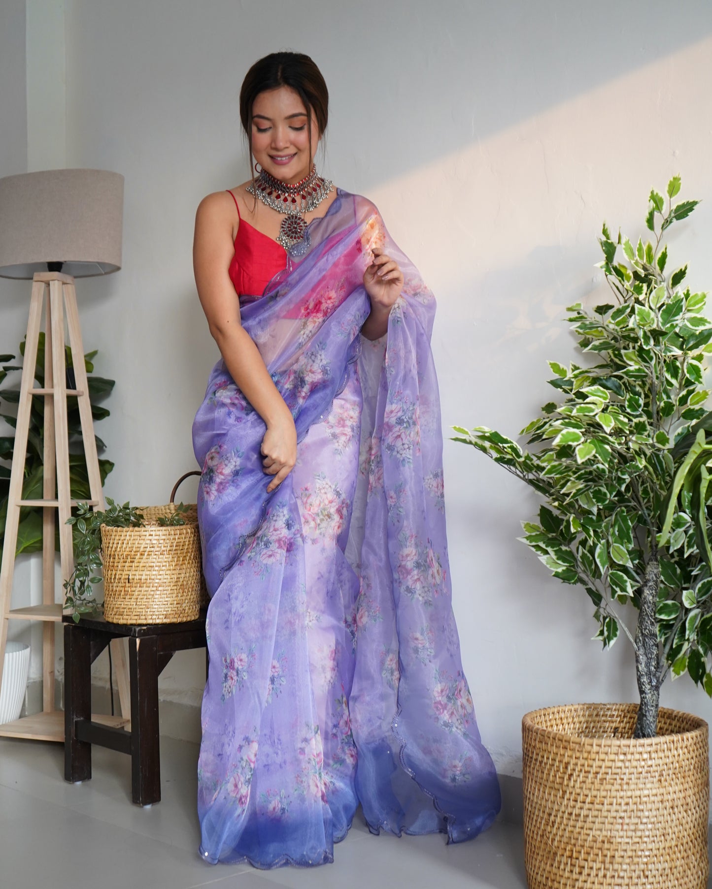 PURPLE PURE ORGANZA SILK SAREE WITH ELEGANT FLORAL PRINT & SEQUINS WORK BORDER