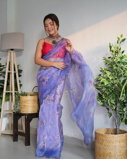 PURPLE PURE ORGANZA SILK SAREE WITH ELEGANT FLORAL PRINT & SEQUINS WORK BORDER