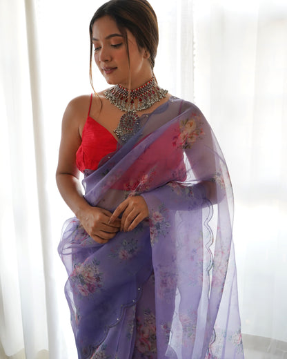 PURPLE PURE ORGANZA SILK SAREE WITH ELEGANT FLORAL PRINT & SEQUINS WORK BORDER