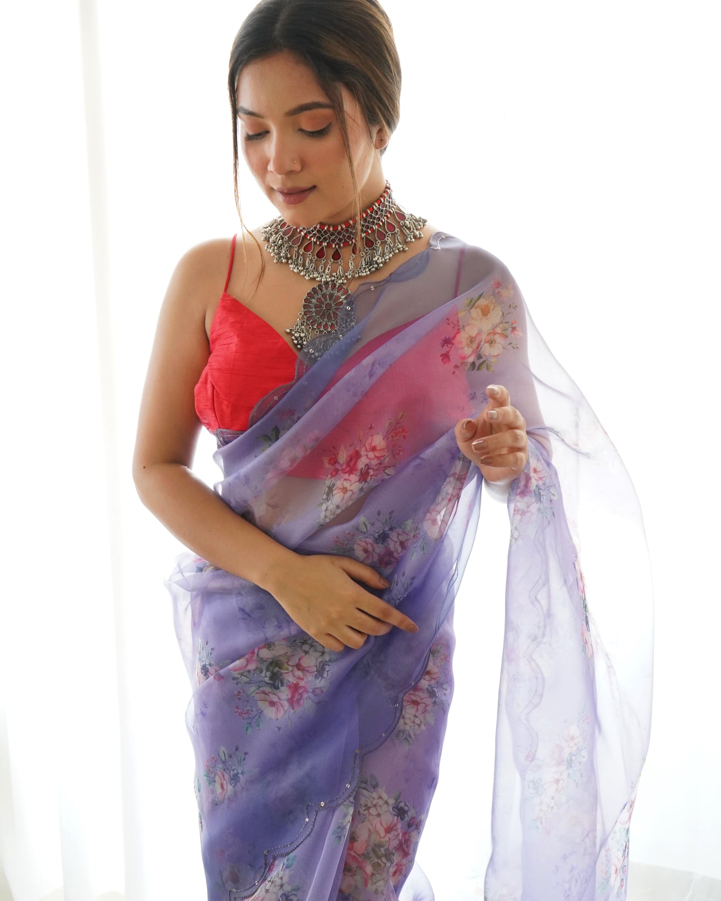 PURPLE PURE ORGANZA SILK SAREE WITH ELEGANT FLORAL PRINT & SEQUINS WORK BORDER