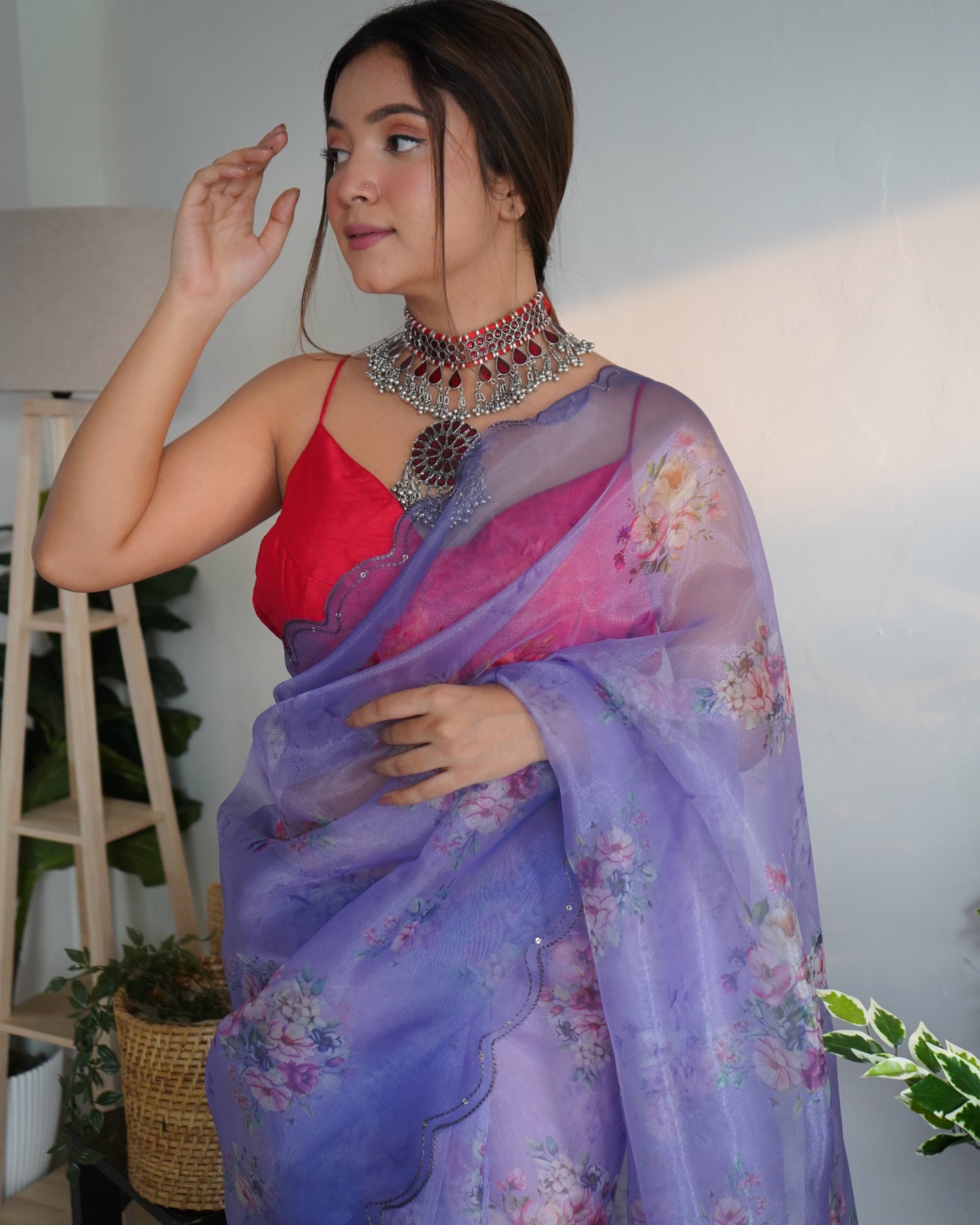 PURPLE PURE ORGANZA SILK SAREE WITH ELEGANT FLORAL PRINT & SEQUINS WORK BORDER