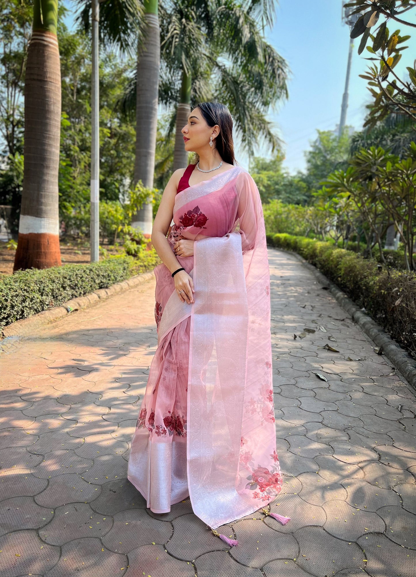 Baby pink Organza weaving border Silk Saree