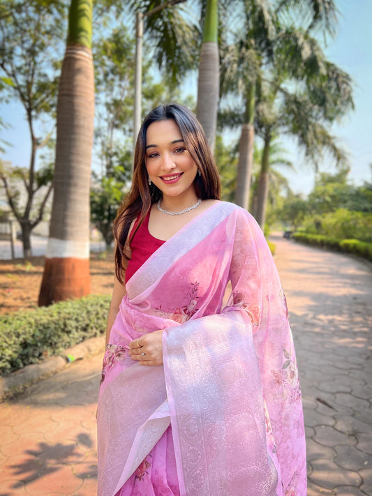 Pink Organza weaving border Silk Saree