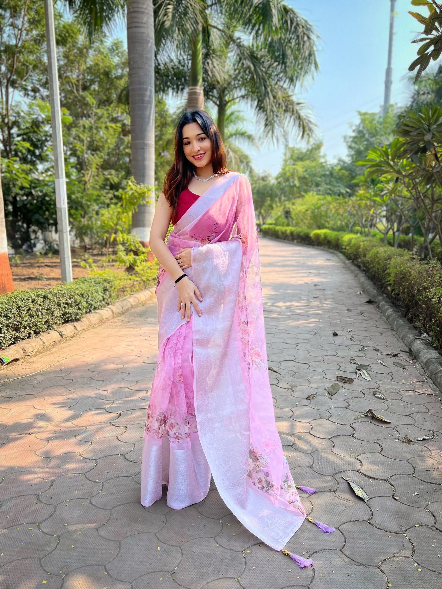 Pink Organza weaving border Silk Saree