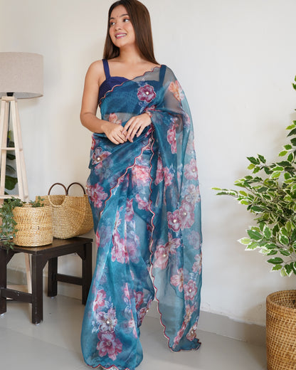 BLUE DIGITAL PRINT SAREE WITH HANDWORK DETAILING & CUTWORK BORDER