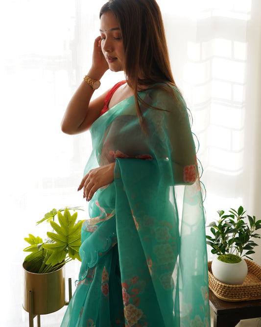 RAMA PURE ORGANZA SILK SAREE WITH ELEGANT FLORAL PRINT & SEQUINS WORK BORDER