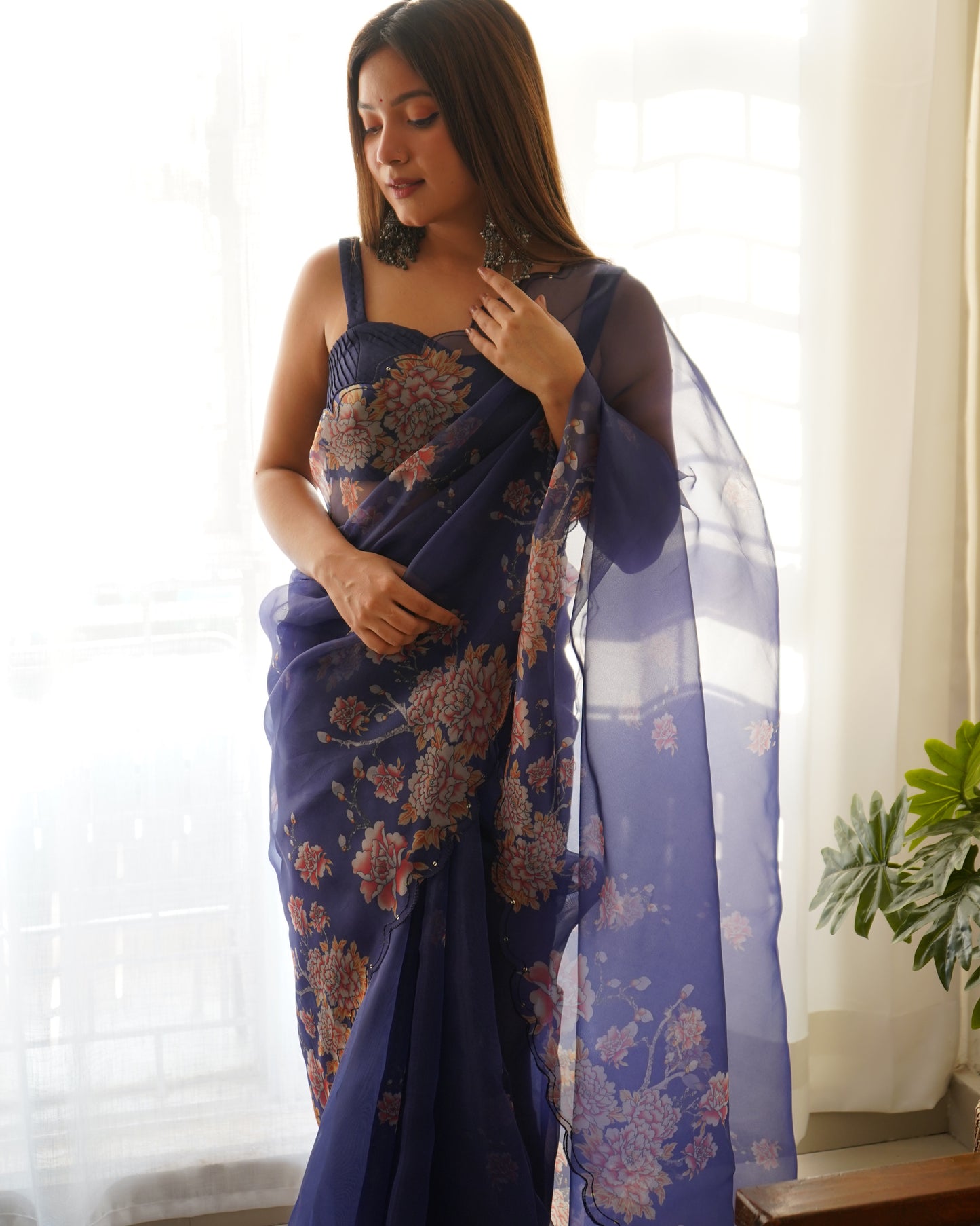 ROYAL BLUE PURE ORGANZA SILK SAREE WITH ELEGANT FLORAL PRINT & SEQUINS WORK BORDER