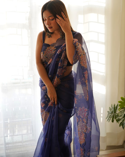 ROYAL BLUE PURE ORGANZA SILK SAREE WITH ELEGANT FLORAL PRINT & SEQUINS WORK BORDER