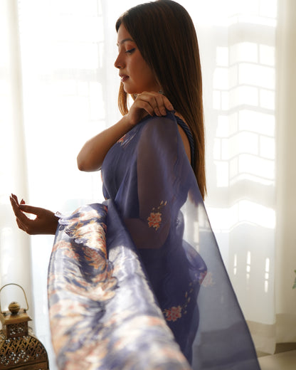 ROYAL BLUE PURE ORGANZA SILK SAREE WITH ELEGANT FLORAL PRINT & SEQUINS WORK BORDER