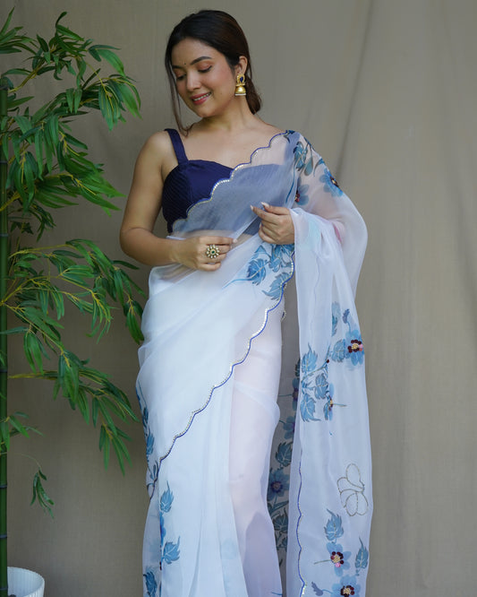 WHITE SOFT PURE ORGANZA HANDWORK SAREE WITH DIGITAL PRINT & KHATLI WORK