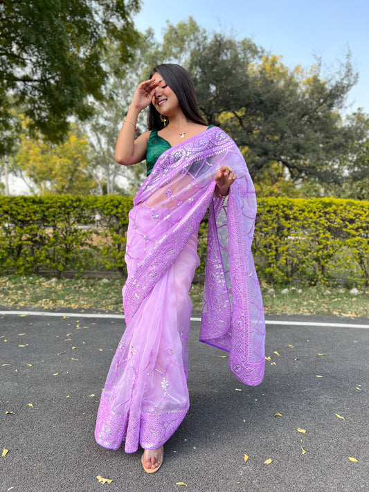 Purple  Embroidery Work Saree