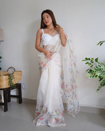 WHITE PURE ORGANZA SILK SAREE WITH ELEGANT FLORAL PRINT & SEQUINS WORK BORDER