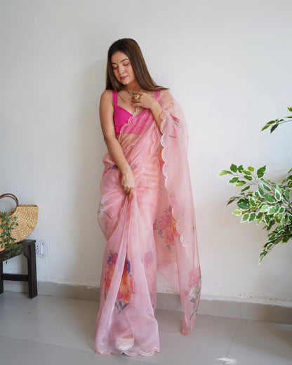 BABY PINK PURE ORGANZA SILK SAREE WITH ELEGANT FLORAL PRINT & SEQUINS WORK BORDER