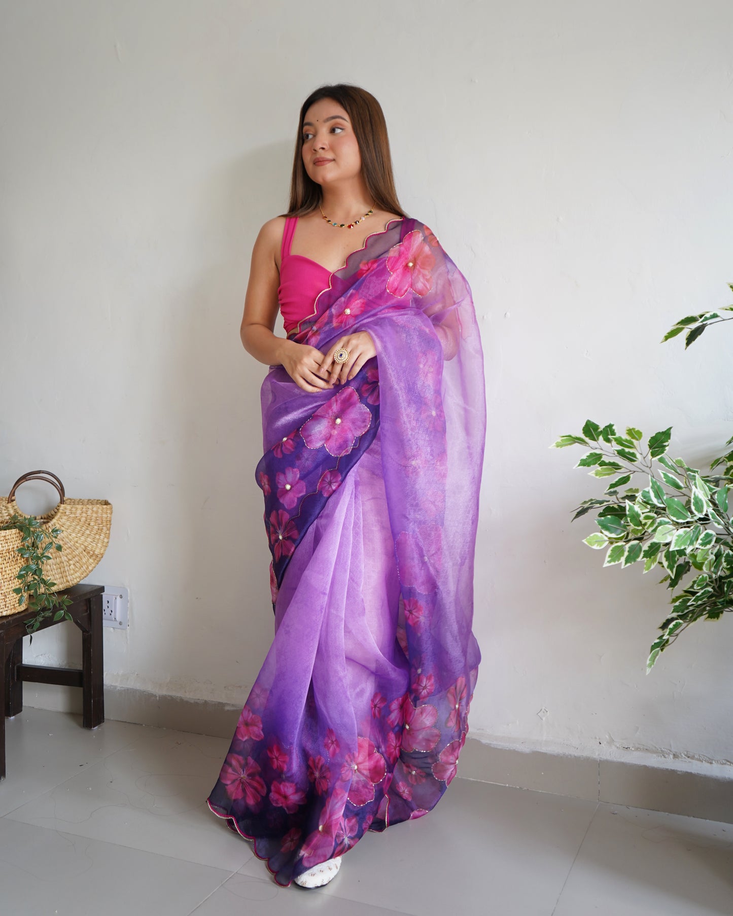 PURPLE DIGITAL PRINT SAREE WITH HANDWORK DETAILING & CUTWORK BORDER