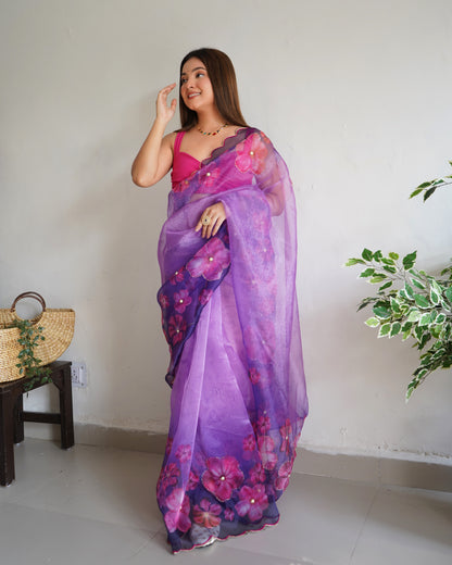 PURPLE DIGITAL PRINT SAREE WITH HANDWORK DETAILING & CUTWORK BORDER