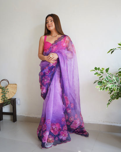 PURPLE DIGITAL PRINT SAREE WITH HANDWORK DETAILING & CUTWORK BORDER