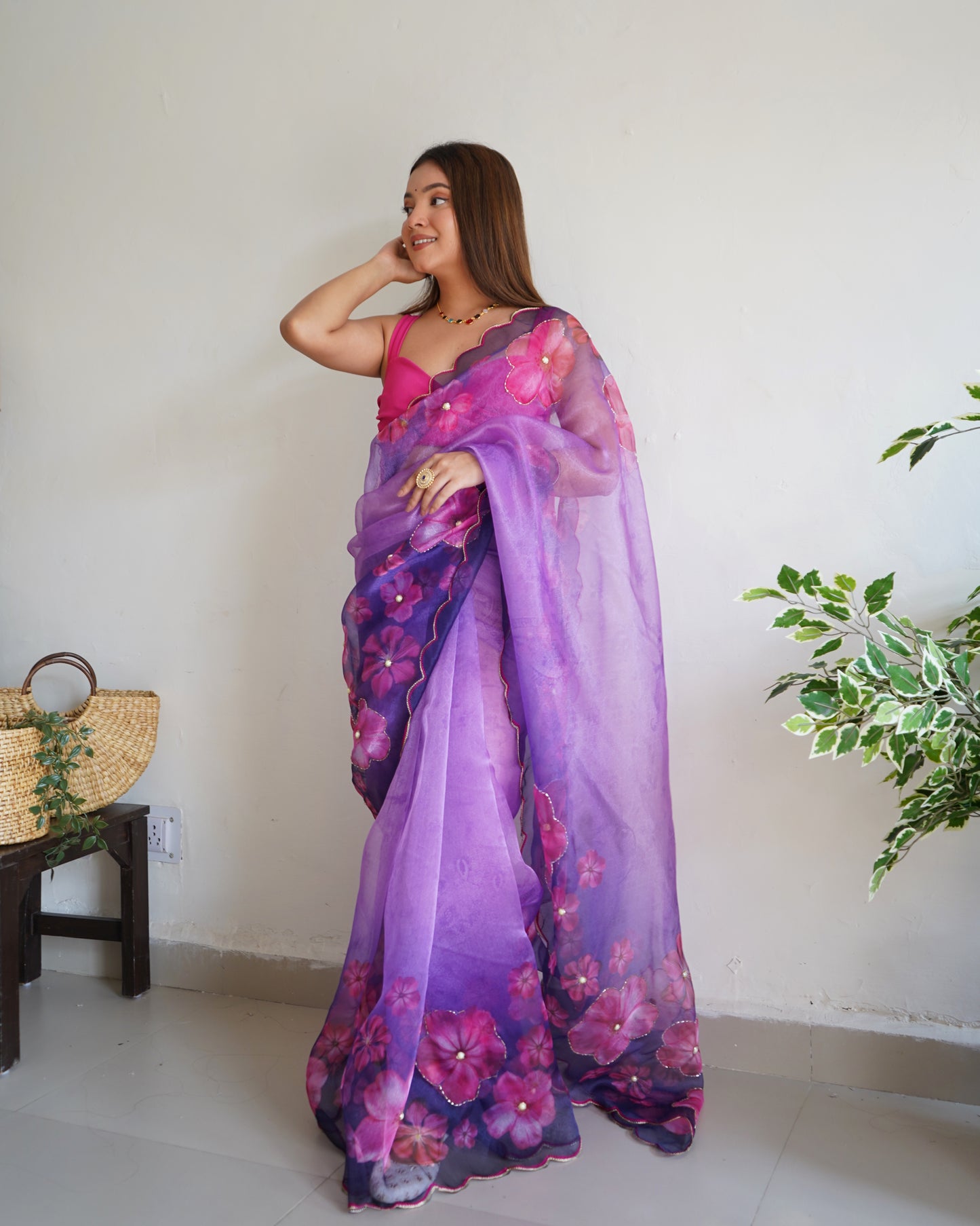 PURPLE DIGITAL PRINT SAREE WITH HANDWORK DETAILING & CUTWORK BORDER