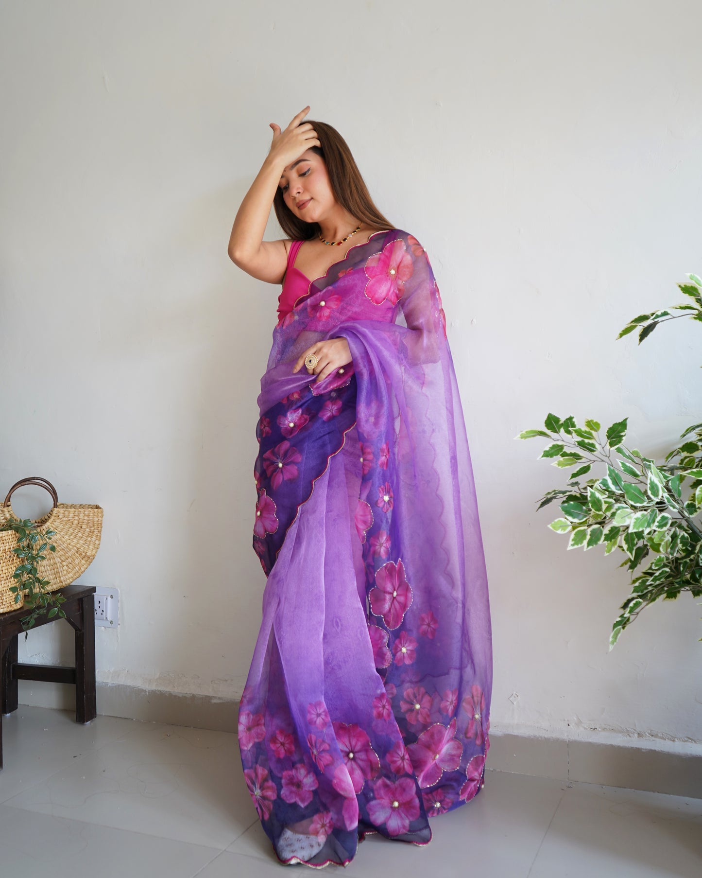 PURPLE DIGITAL PRINT SAREE WITH HANDWORK DETAILING & CUTWORK BORDER