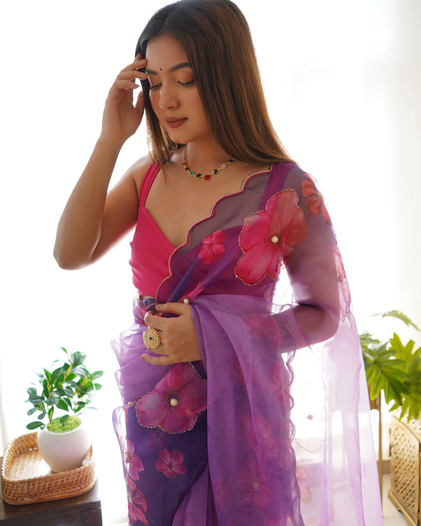 PURPLE DIGITAL PRINT SAREE WITH HANDWORK DETAILING & CUTWORK BORDER