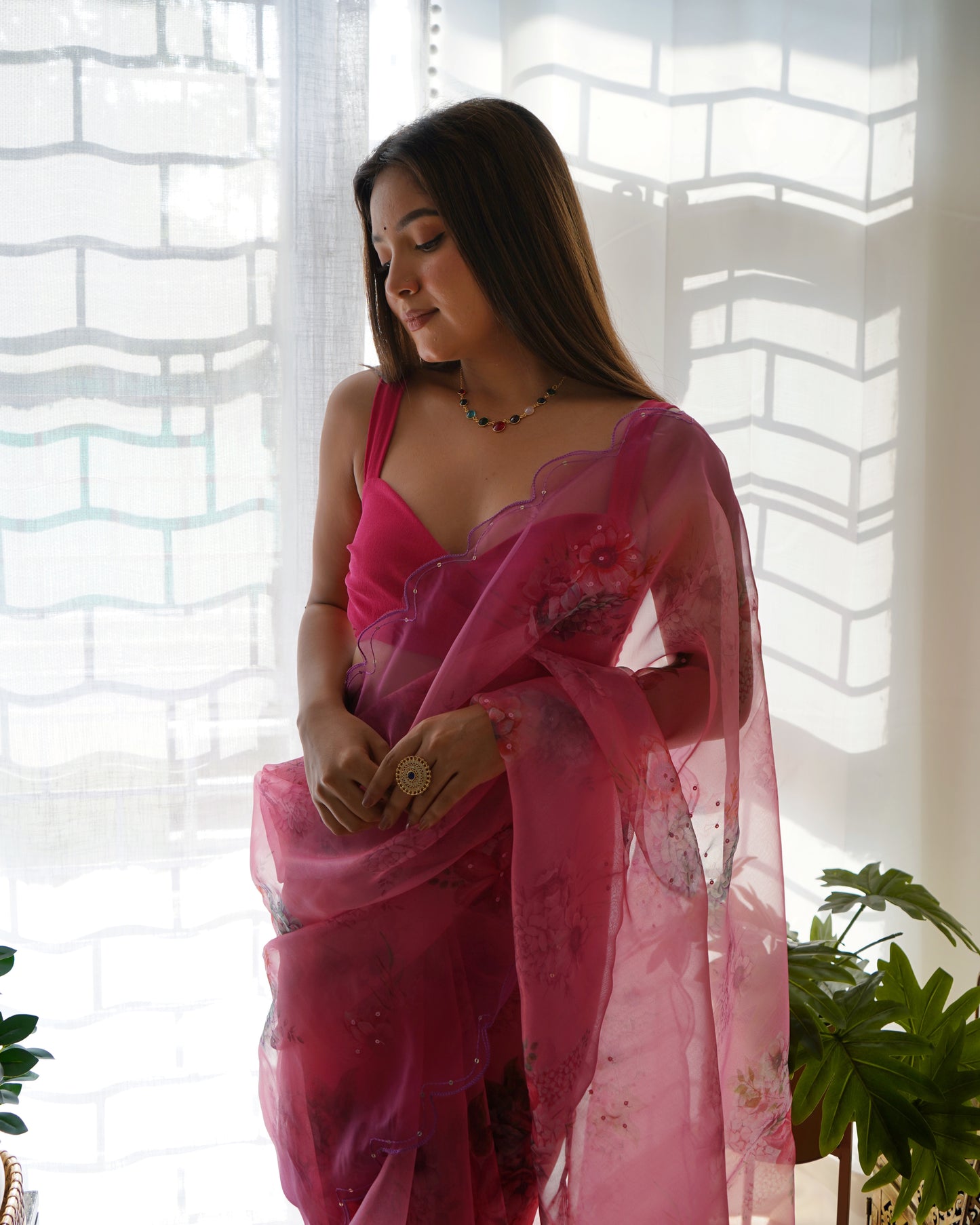 PINK PURE ORGANZA SILK SAREE WITH ELEGANT FLORAL PRINT & SEQUINS WORK BORDER