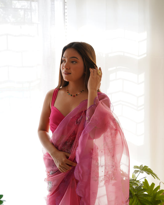 PINK PURE ORGANZA SILK SAREE WITH ELEGANT FLORAL PRINT & SEQUINS WORK BORDER