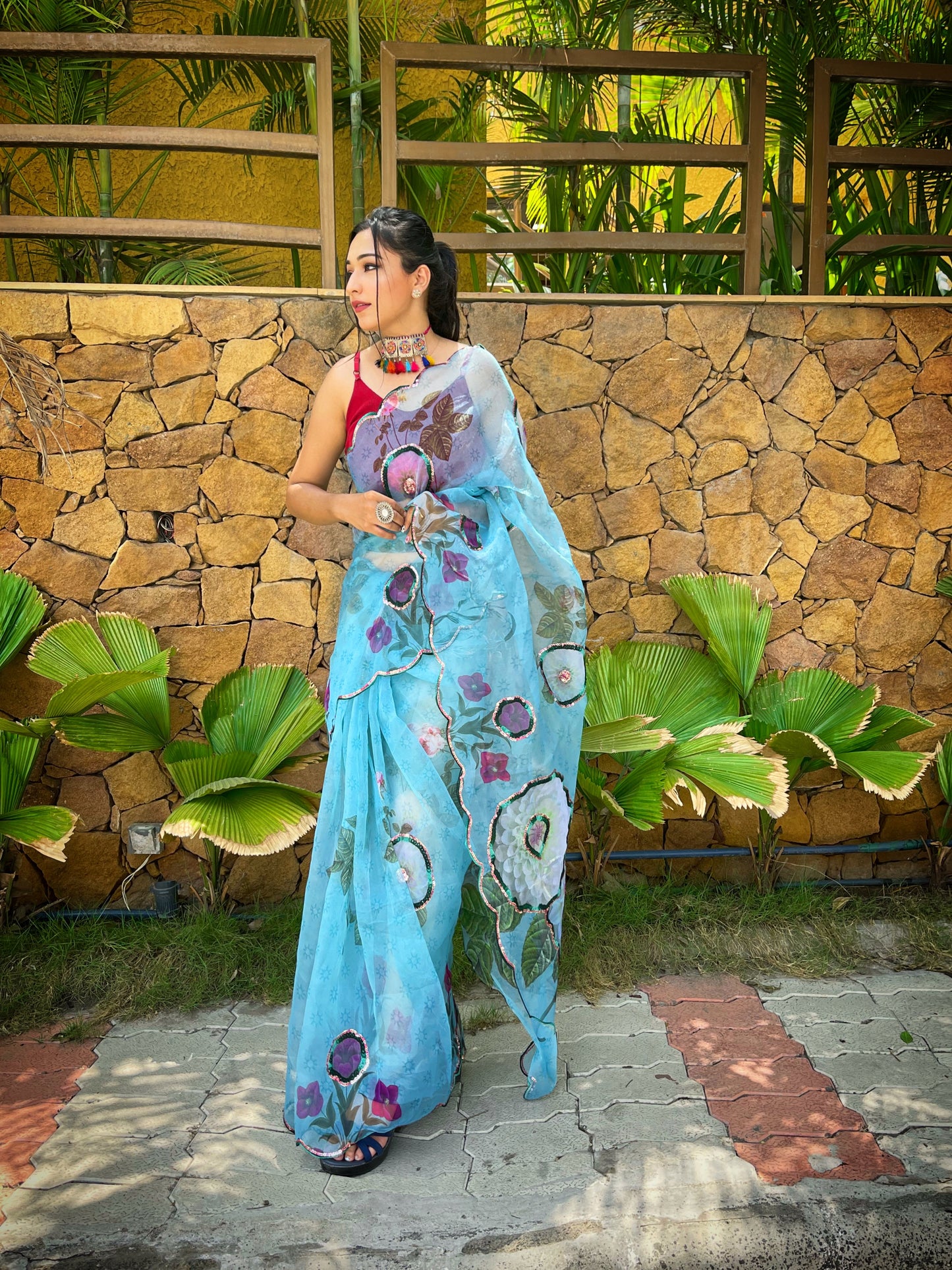 Blue Elegant Digital Printed Saree with Handwork & Cutwork Border