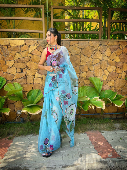 Blue Elegant Digital Printed Saree with Handwork & Cutwork Border