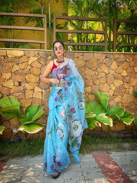 Blue Elegant Digital Printed Saree with Handwork & Cutwork Border