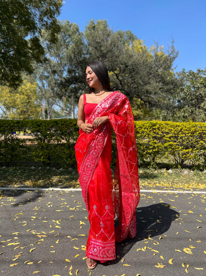 Red sequence & Embroidery Work Saree