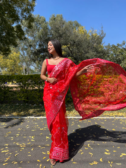 Red sequence & Embroidery Work Saree