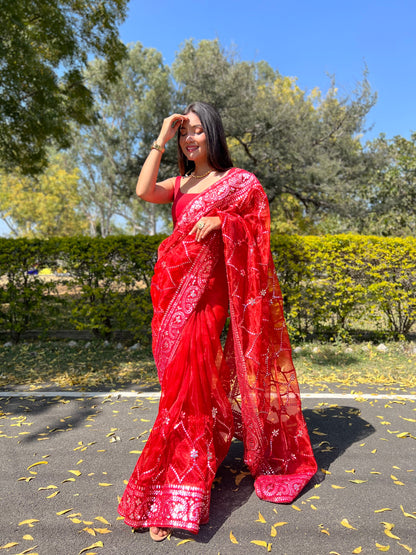 Red sequence & Embroidery Work Saree