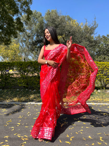 Red sequence & Embroidery Work Saree