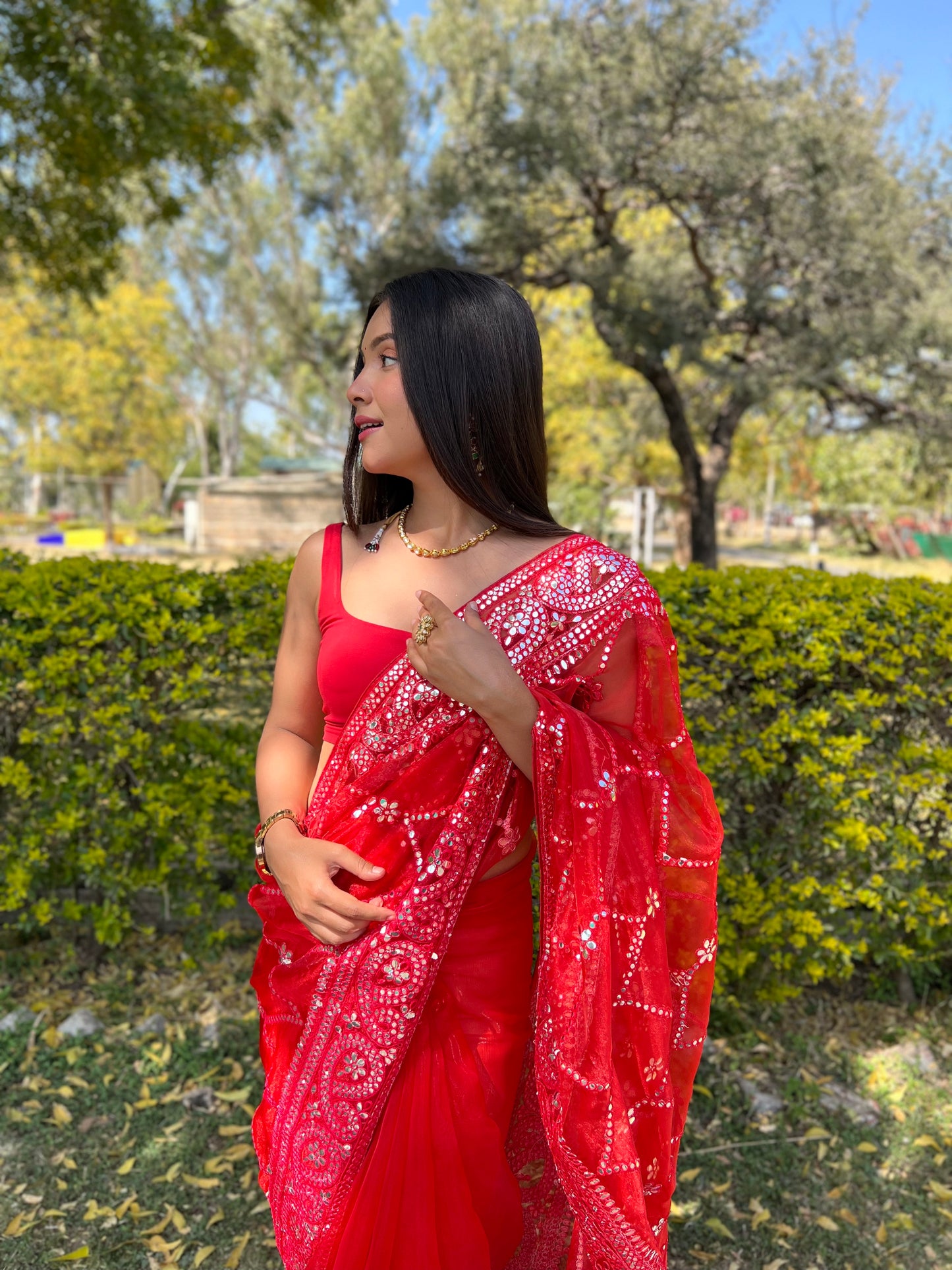 Red sequence & Embroidery Work Saree