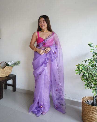 PURPLE SOFT PURE ORGANZA HANDWORK SAREE WITH DIGITAL PRINT & KHATLI WOR