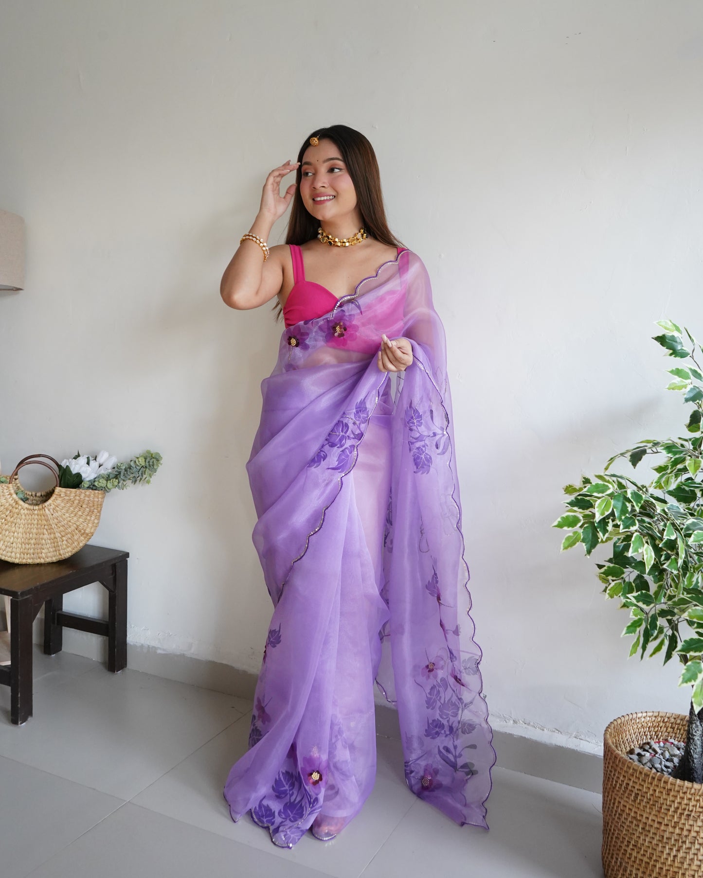 PURPLE SOFT PURE ORGANZA HANDWORK SAREE WITH DIGITAL PRINT & KHATLI WOR