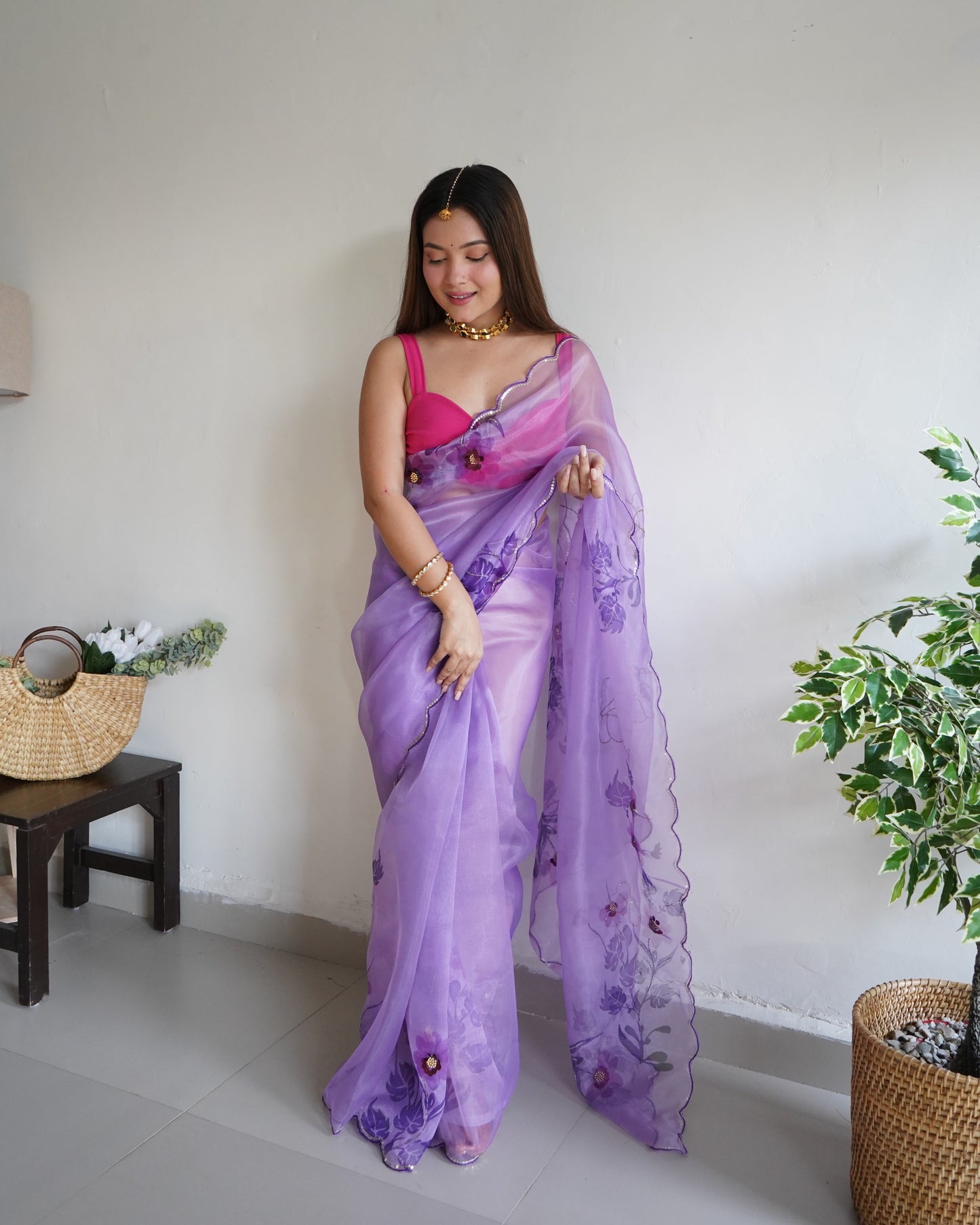 PURPLE SOFT PURE ORGANZA HANDWORK SAREE WITH DIGITAL PRINT & KHATLI WOR