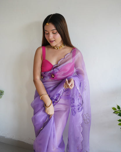 PURPLE SOFT PURE ORGANZA HANDWORK SAREE WITH DIGITAL PRINT & KHATLI WOR