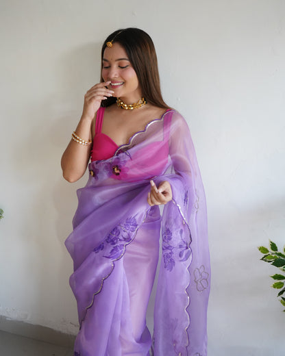 PURPLE SOFT PURE ORGANZA HANDWORK SAREE WITH DIGITAL PRINT & KHATLI WOR