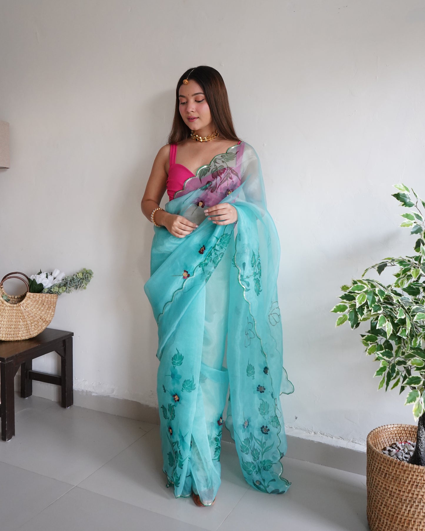 GREEN SOFT PURE ORGANZA HANDWORK SAREE WITH DIGITAL PRINT & KHATLI WORK