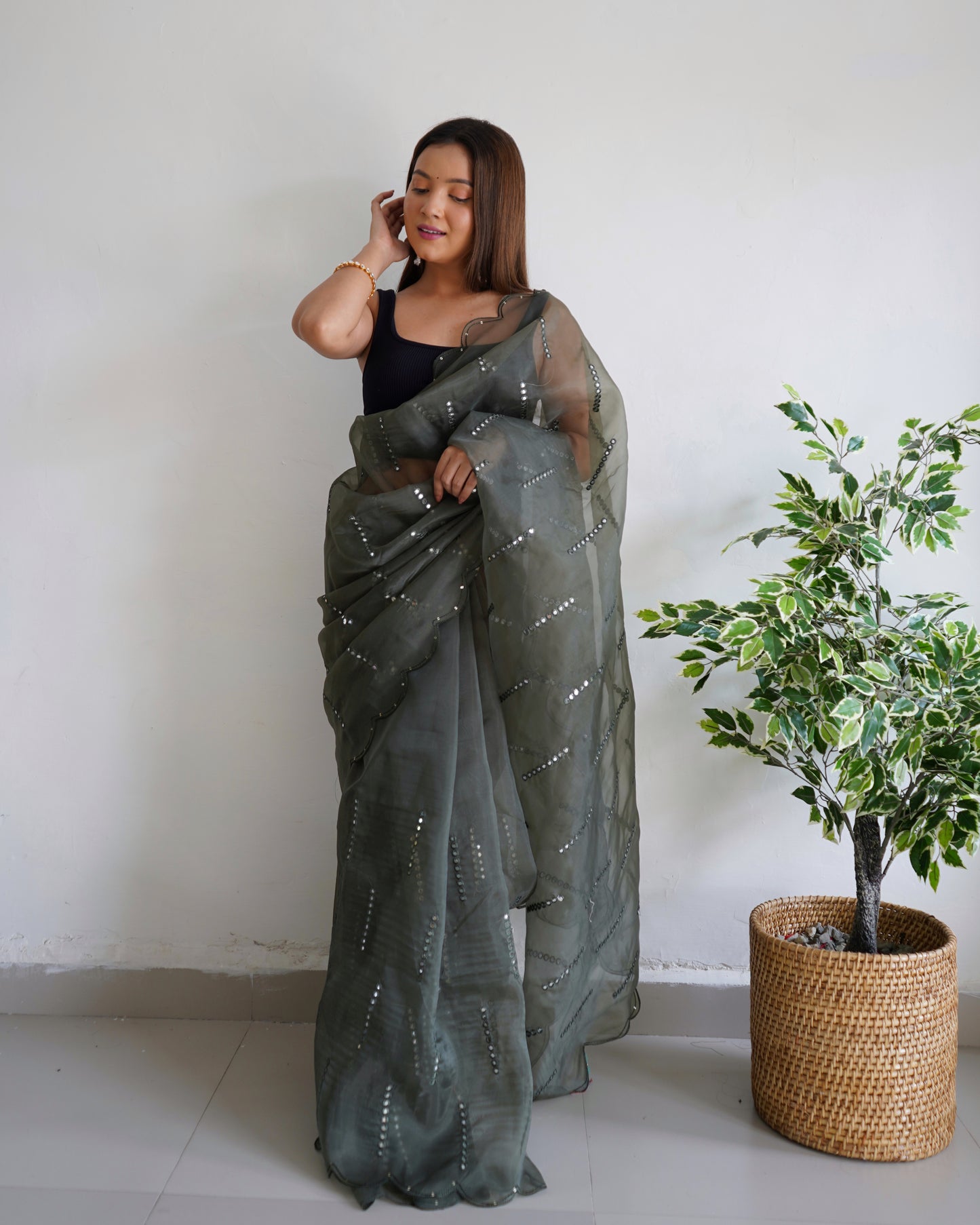 Grey Sequence Mirror Organza Saree with Embroidery & Arco Cutwork Border