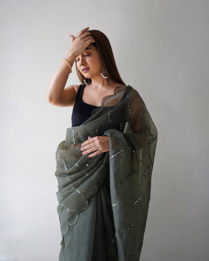 Grey Sequence Mirror Organza Saree with Embroidery & Arco Cutwork Border