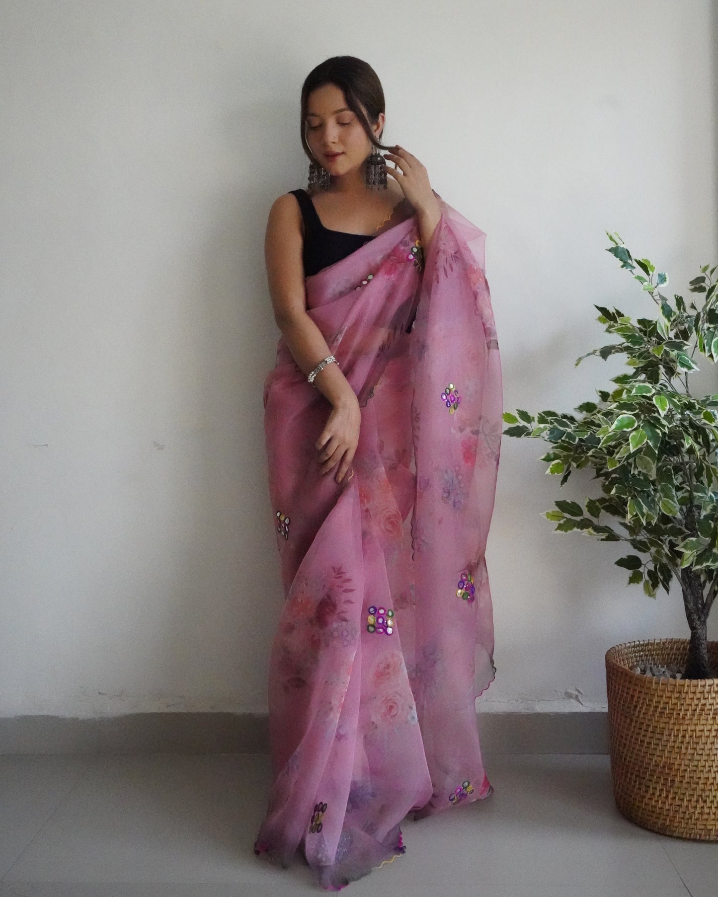 LAVENDER ELEGANT FLOWER-PRINTED SAREE WITH GOTA WORK AND CUTWORK BORDER